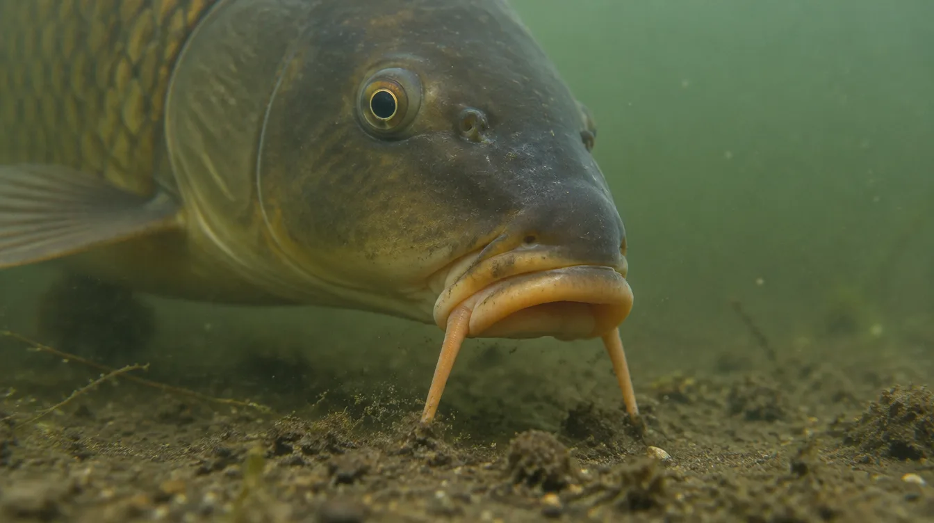 Close-up of a carp's barbels touching the lakebed while searching for food
