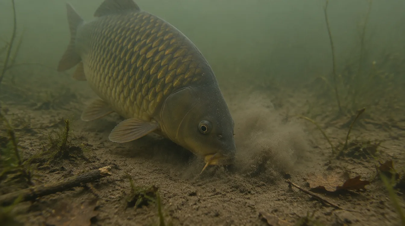 Common carp feeding head-down on a silty lake bottom, stirring up sediment