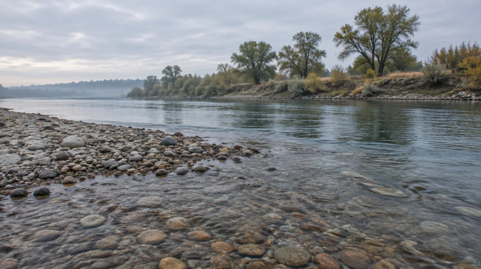Shallow cobbled gravel bar on a wide American river at dawn, clear water running over rounded stones