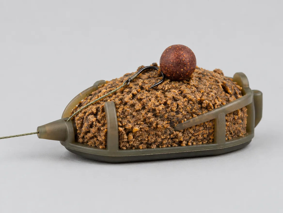 Carp method feeder packed with groundbait and a boilie hookbait on top