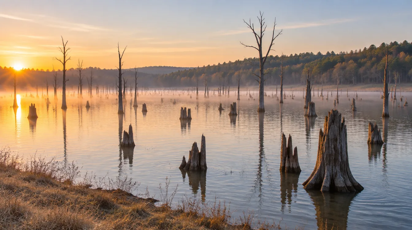 East Texas reservoir at sunrise with dead standing timber rising out of the water