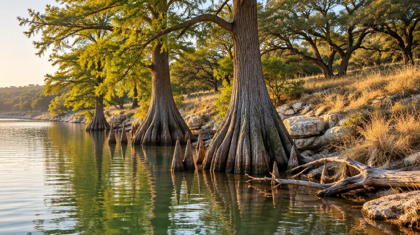 Bald cypress trees and a limestone bank on a Texas Hill Country lake at sunrise