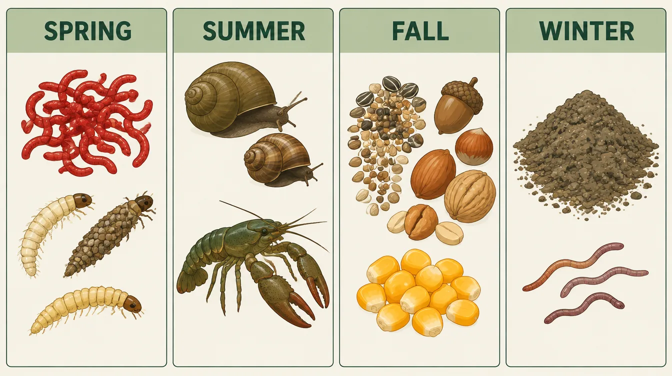 Infographic showing what carp eat by season: insect larvae in spring, snails and crayfish in summer, seeds and corn in fall, minimal feeding in winter