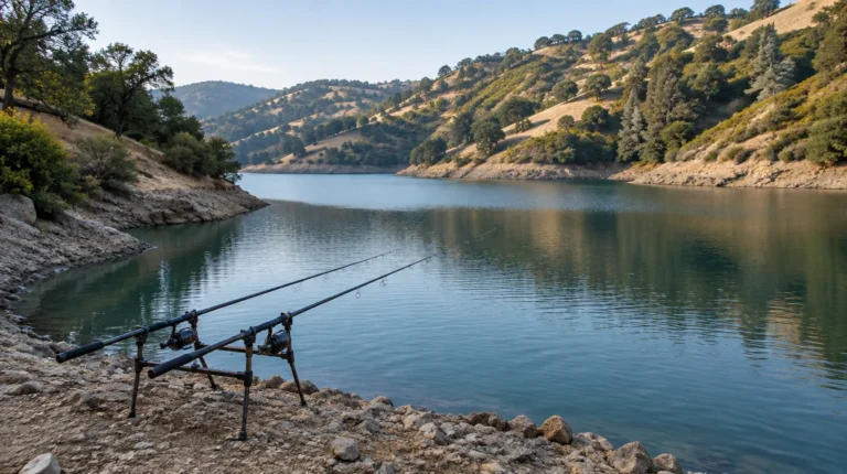 Two carp rods on a rod pod at the rocky shoreline of a winding reservoir arm between dry hills with oak woodland and chaparral in California