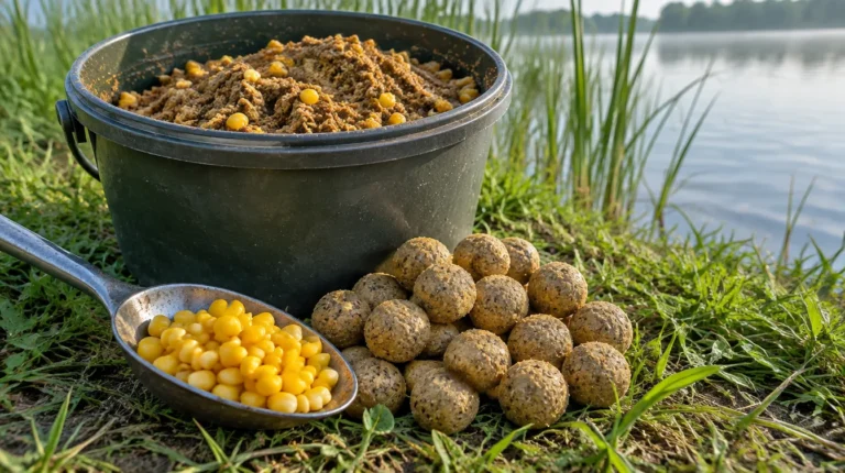 Sweet corn in a bait spoon, a pile of round boilies and a bucket of groundbait mixed with corn on a grassy lake bank