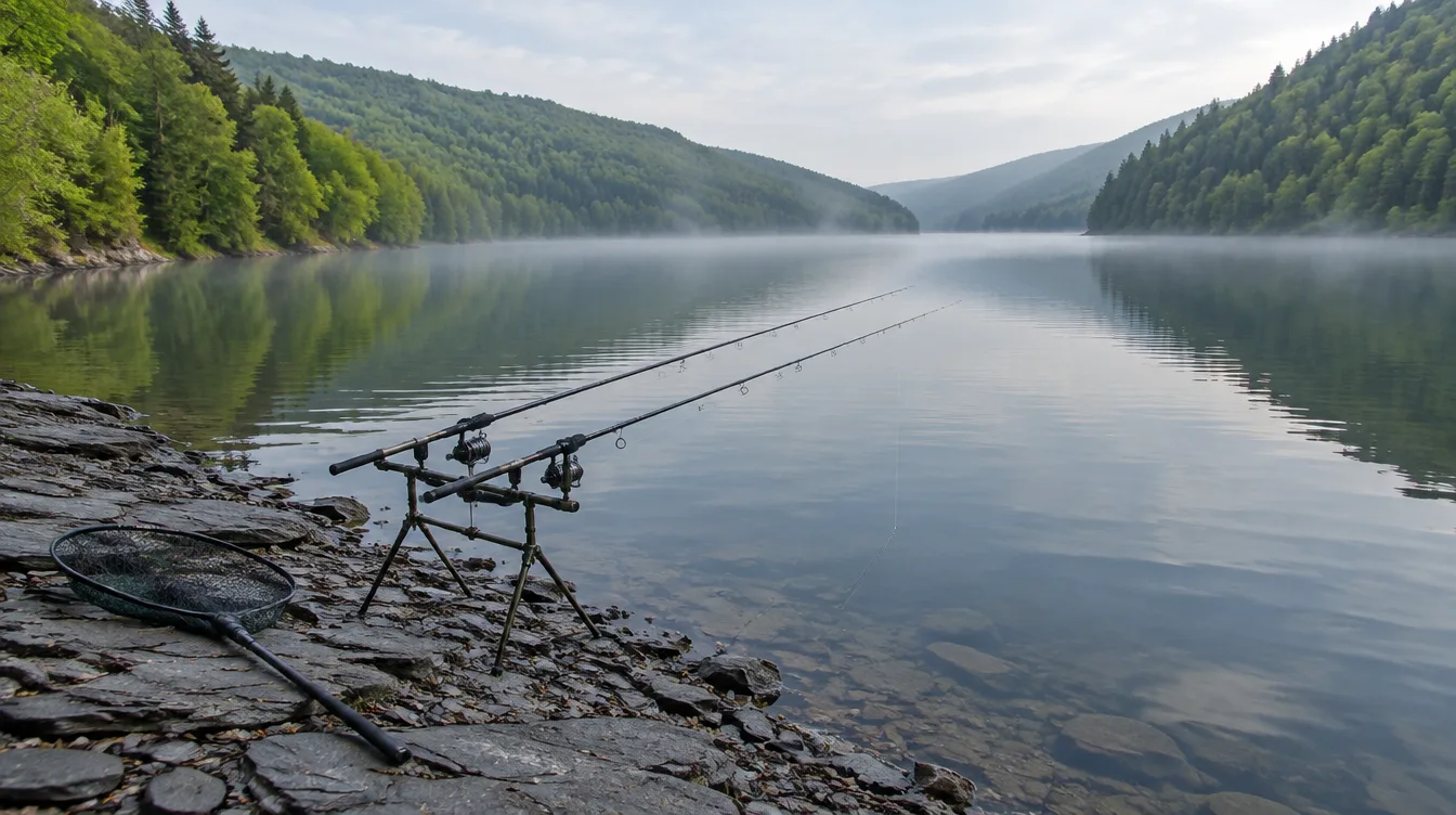 Two carp rods on a rod pod on layered gray shale at the edge of a long, forested lake in upstate New York