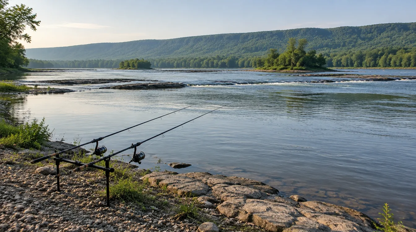 Two carp rods on a rod pod on a rocky bank of a wide, shallow river with ledges, small islands and a long forested ridge in central Pennsylvania
